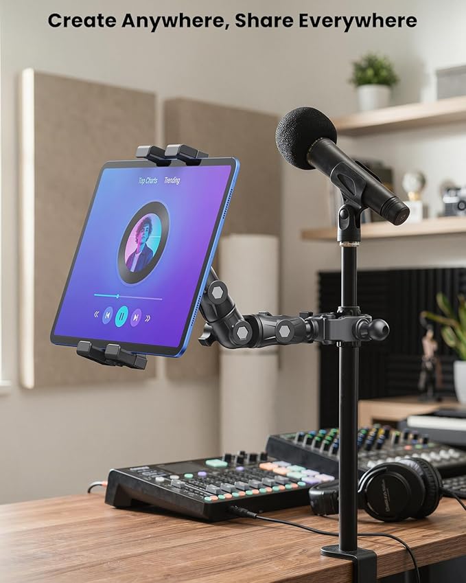 OHLPRO Mic Stand Tablet Holder, 360° Adjustable iPad & Phone Mount with Clamp, Fits 5–17" Devices, Sheet Music Stand Holder for iPad Pro 12.9 Air Mini, Black