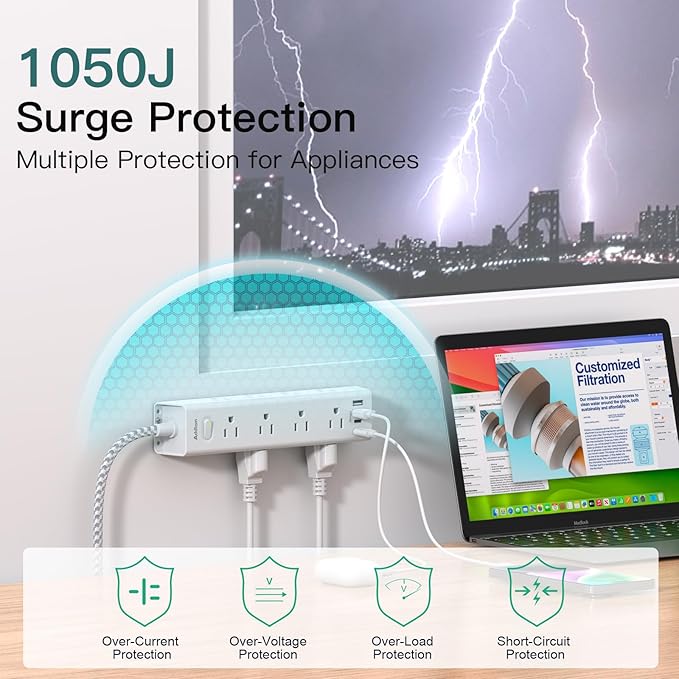 Power Strip Surge Protector with 12 AC Outlets & 4 USB Ports, 20FT Long Extension Cord, Flat Plug, Wall Mount, 1050J Overload Protection, Outlet Extender for Home Office Garage Workshop, ETL Listed