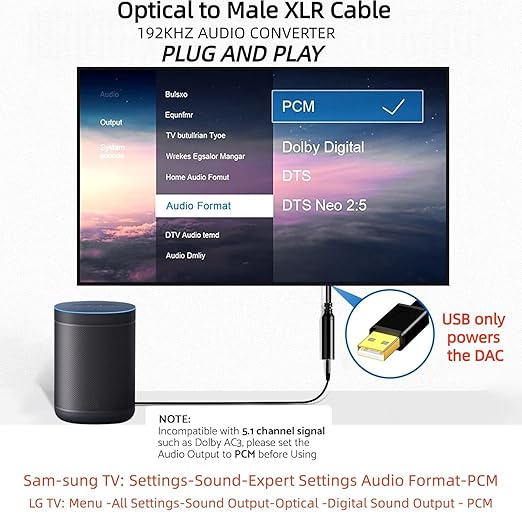 192KHz DAC Optical to XLR Converter,Optical Audio Cable to Unbalanced Male XLR Audio Cord Adapter,Digital to Analog Audio Converter for HDTV,DVD,Set-top Boxes(O-ptical to XL R Only) Cable -3.3FT