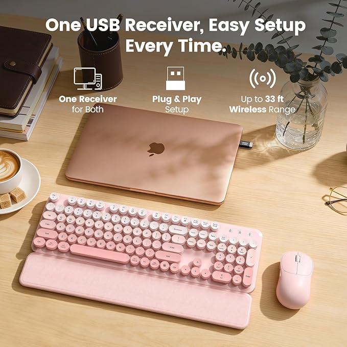 Wireless Keyboard and Mouse Combo, Magnetic Soft-Touch Wrist Rest, Round Keycaps, Full-Size Retro Typewriter Keyboard, 2-Stage Tilt Legs, Auto Sleep, 2.4GHz Cordless for Windows PC, Blush Pink Ombre