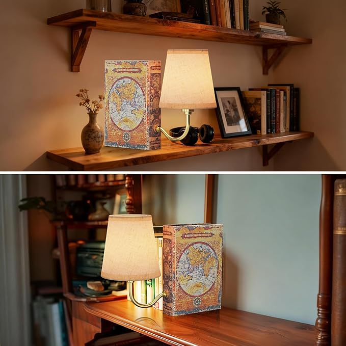 Gold Warm Light Vintage Bookshelf Lamp Rechargeable, Cordless Bookcase Lamp with Linen Shade, Dimmable Touch Control Table Lamp, Modern Decorative Bookend, Bookshelf Lights for Office Home