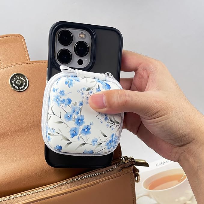 Earbud Case Headphone Organizer Ear Bud Case Portable EVA Carrying Box Storage Bag with Carabiner for AirPods Beats Bose Galaxy Buds 4/3/FE Data Cable Storage (Blue Flower)