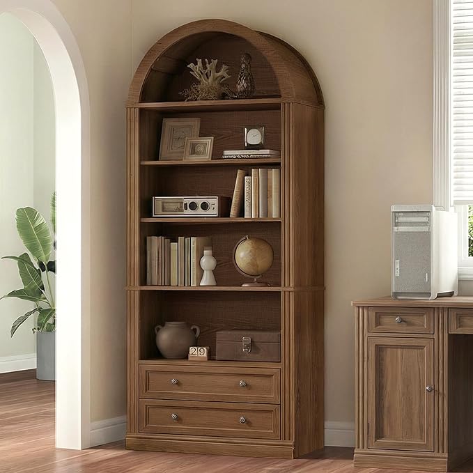 RALGEND Farmhouse Arched Bookshelf, 7 Tiers Arch Bookcase with 2 Spacious Drawers, Modern Book Shelf with Open Display Shelves and Storage Cabinet, for Office, Living Room, Kitchen, Walnut