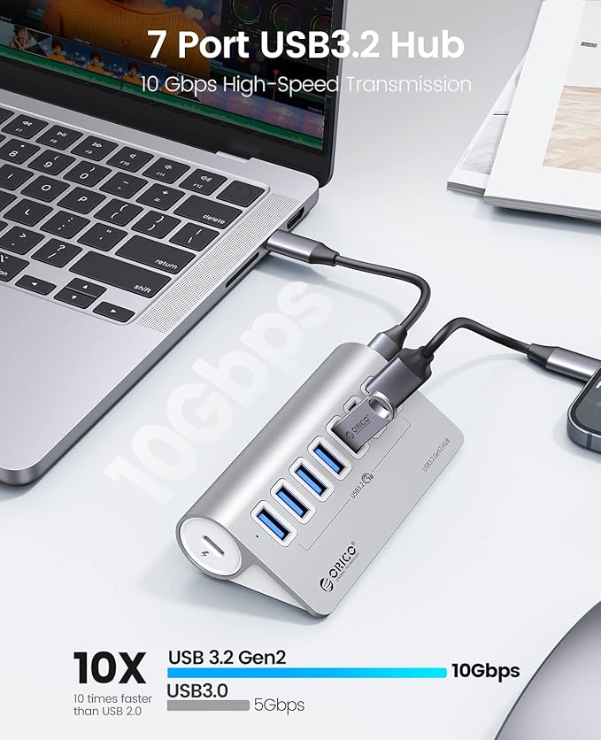 ORICO 7-Port USB 3.2 Gen2 Hub, Desktop USB 3.2 Hub with 7 USB-A Ports, 5V 3A Power Supply Port, 10Gbps Aluminium USB-Splitter with 1.64Ft USB-C to USB-A/C Cable for iMac, MacBooks, Mac mini