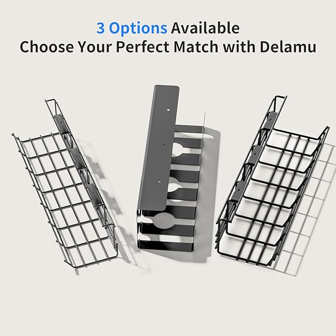 Delamu 2 Pack Metal Under Desk Cable Management Tray, U Channel Cord Organizer Box, Office Under Desk Cord Organizers, Cable Management with Various Accessories, Black, 15.75 Inches