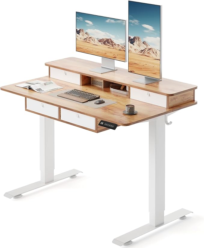 FEZIBO 48 x 24 inch Standing Desk with Drawers, Height Adjustable Electric Workstation, Computer Sit Stand Up Table with Large Storage Shelf 4 Drawers and 2 Hooks, Light Rustic Brown