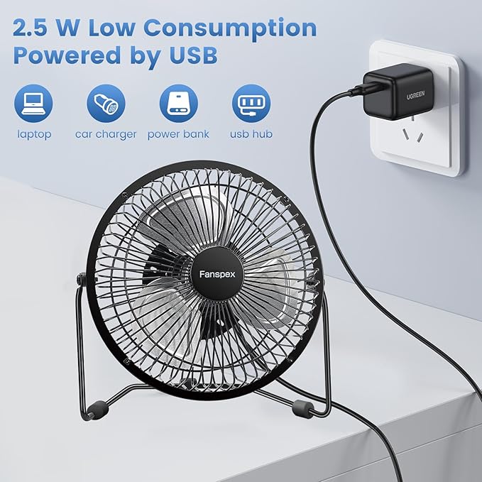 Fanspex 6" USB Desk Fan, Small Desktop Fans for Home Office Bedroom, Metal Construction with 360° Adjust Tilt, 1800 RPM Fan Speed