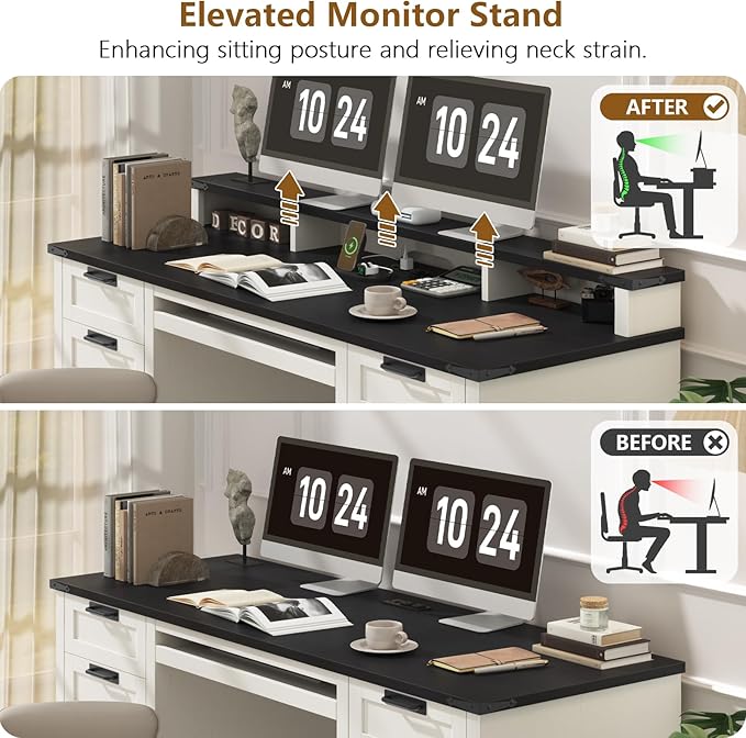 60" Farmhouse Executive Desk with 8 Drawers, Wood Computer Desk with Keyboard Tray and Charging Station, Home Office Desk Writing with File Drawer Fits A4 Size for Work and Study, White and Black