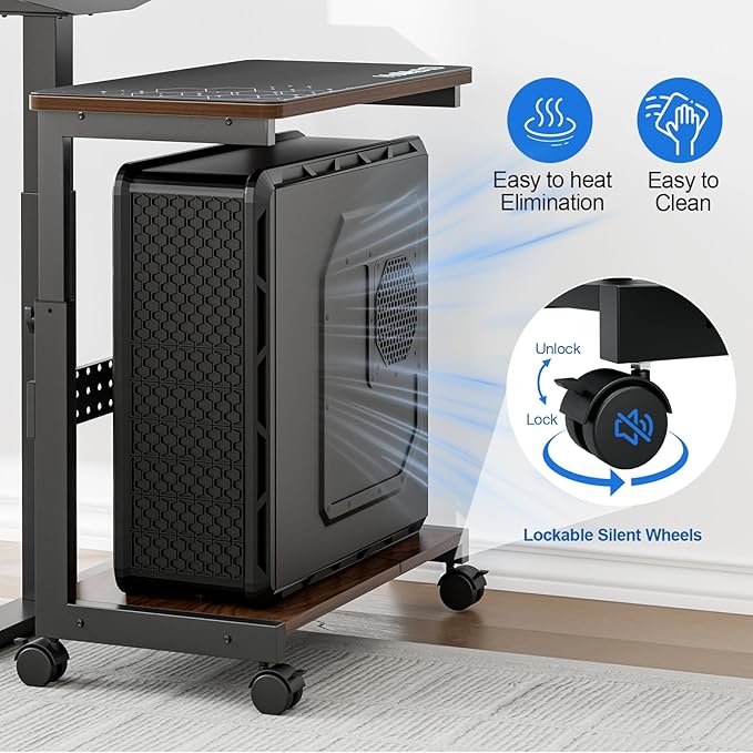 Height Adjustable Computer Tower Stand, 2-Tier ATX-Case CPU Holder with Mouse Pad & Headphone Stand, Mobile PC Standing Under Desk, Home Office Gaming Accessories, Computer Cart, Walnut
