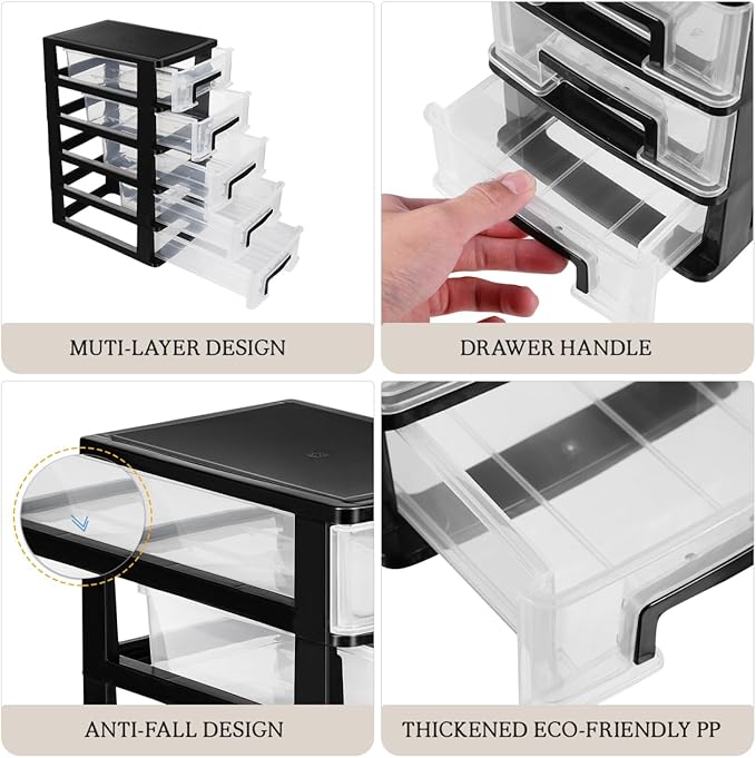 Cabilock 5 Tier Plastic Storage Drawers Multifunctional Drawer Type Storage Cabinet Portable Organizer for Office Home Desktop Sundries Holder Clear Design