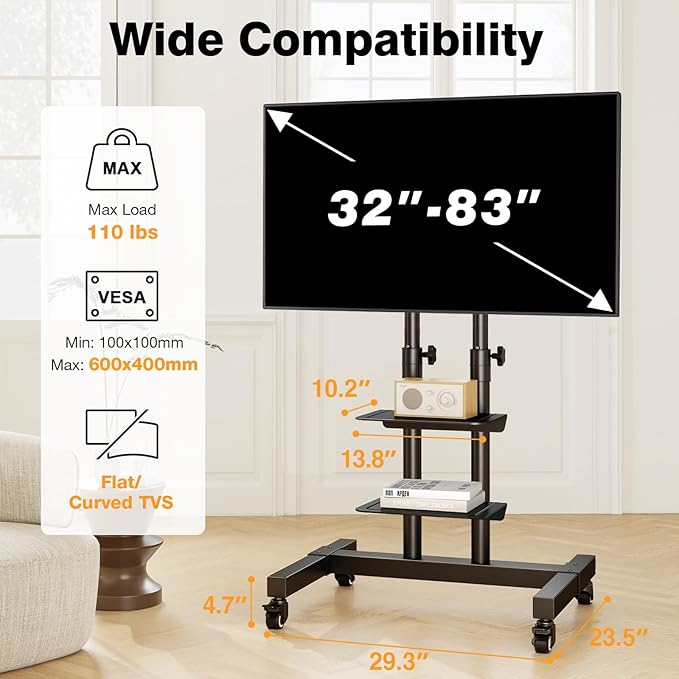Mobile TV Stand Rolling TV Cart Floor Stand with Mount on Lockable Wheels Height Adjustable Shelf for 32-83 Inch TV Stand Flat Screen or Curved TVs Monitors Display Trolley (Black with 2 Shelves)