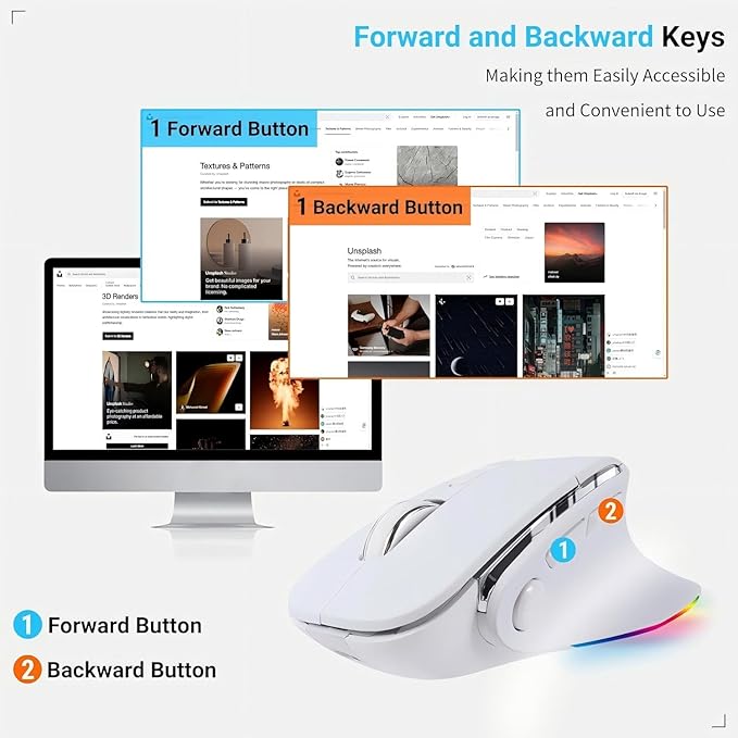 Ergonomic Mouse Jiggler,Bluetooth Vertical Wireless Mouse,LED Rechargeable Optical Computer Mice, Portable(BT5.2 or USB 2.4GHz) Dual Mode,1000/1600/2400 DPI,8 Buttons for Laptop,PC,Macbook (white)