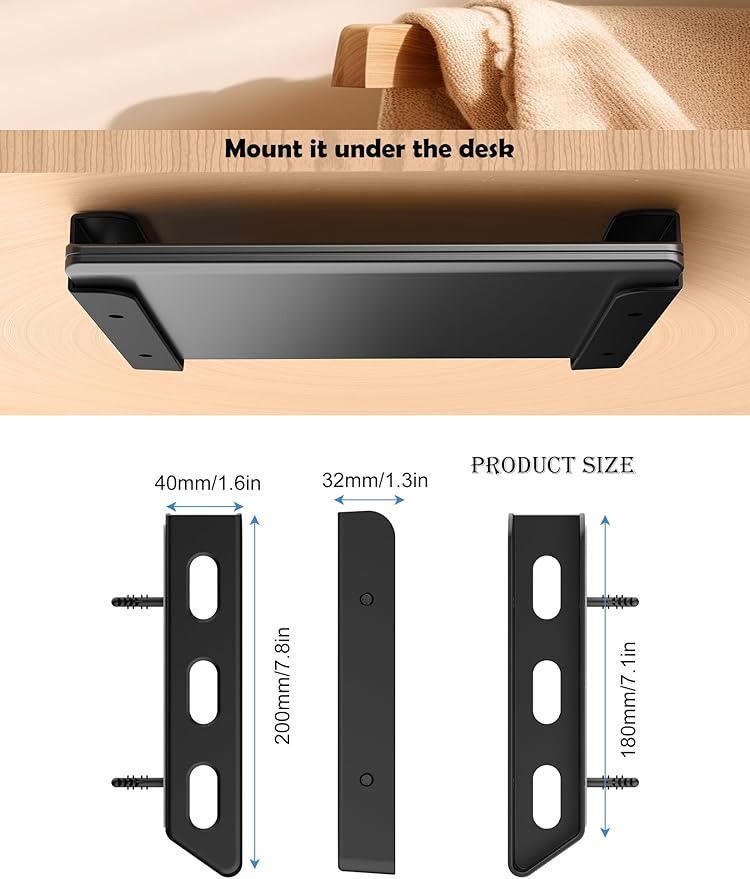 Under Desk Laptop Holder/Wall Mount, Compatible with Keyboard and Small Devices Up to 40mm/1.57in Thick Like Macbooks, Surface, Routers, Modems, Cable Box, Network Switch and More (Black)