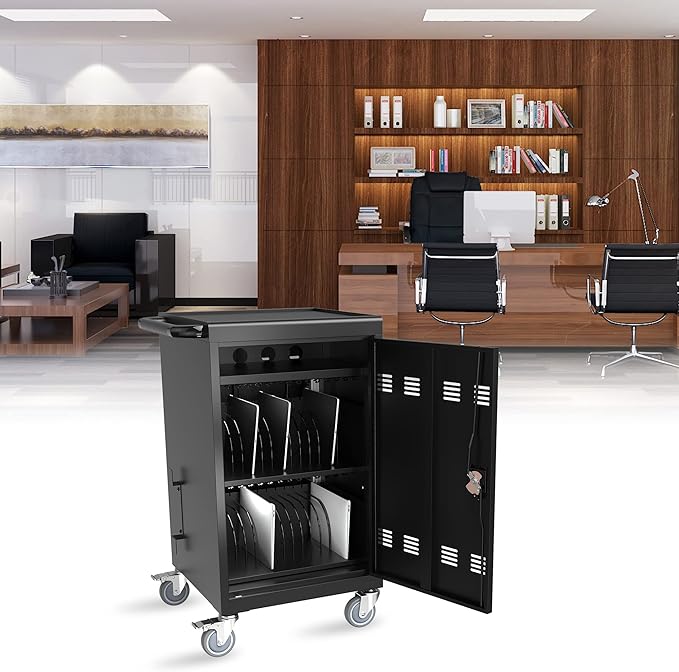 32-Bay Mobile Laptop Cart & Chromebook Charging Station - Heavy-Duty Locking Cabinet for 17" Screens, Laptop Storage Rack for Multiple Laptops/Tablet, Ideal for Schools, Offices, Hospitals (Black)