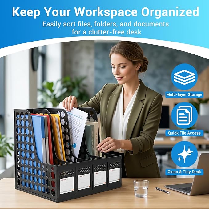 Ysenchan Plastic Magazine File Holder & Desk Organizer, 4 Vertical Compartments File Folder Organizer for Office Classroom Organization, Coloring Book Storage with Sturdy Binder Accessories(Black)