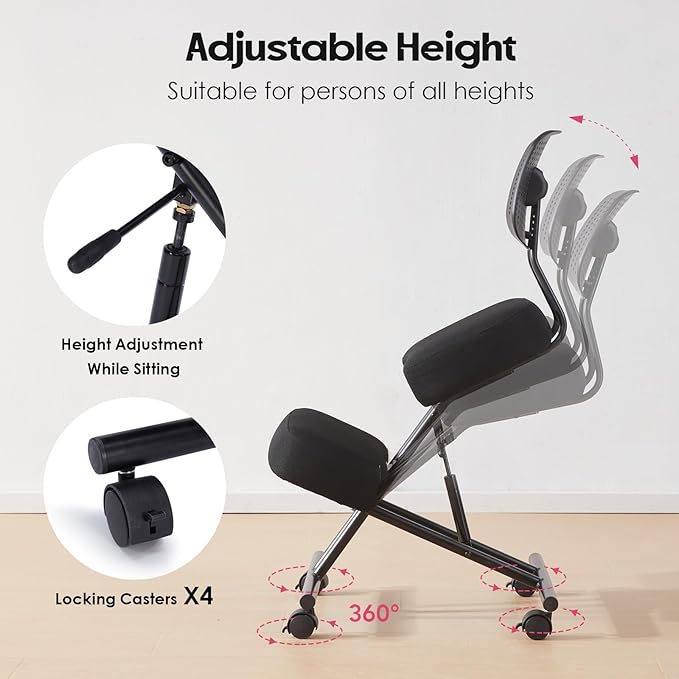 Kneeling Chairs with Backrest Linen Ergonomic Home Office Chair Adjustable Height Seat Rolling Wheels Comfort Thick Cushion Work Stool Improve Posture Chair