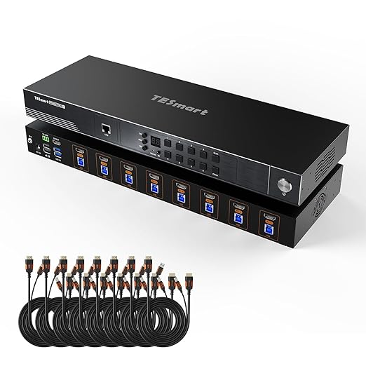 TESmart HDMI KVM Switch 8 Port 8K@60Hz, USB 3.0 8X1 Rackmount KVM Enterprise-Grade EDID Emulator, Hotkey Switch, RS232, LAN Port, IR Remote, IP Control, Auto Scan, with 8 Pcs 5ft KVM Cable