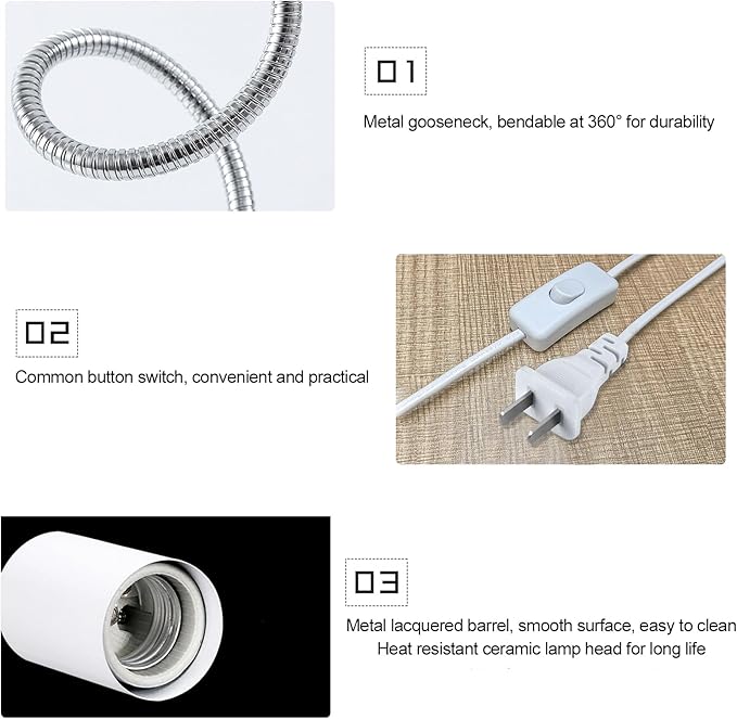 Clip on Light E26/E27 Metal Clamp Light Socket with Plug and Switch 360° Flexible Rotatable for Bedside Office Basement Reptile Plant Illumination Clip Lamp White (No Bulb)