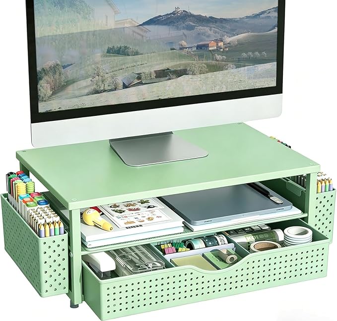 Spacrea Desk Organizer and Accessories, Computer Monitor Stand Riser with Drawer and 2 Pen Holders, Office Desk Accessories & Workspace Organizers for Office Supplies (Sage Green)
