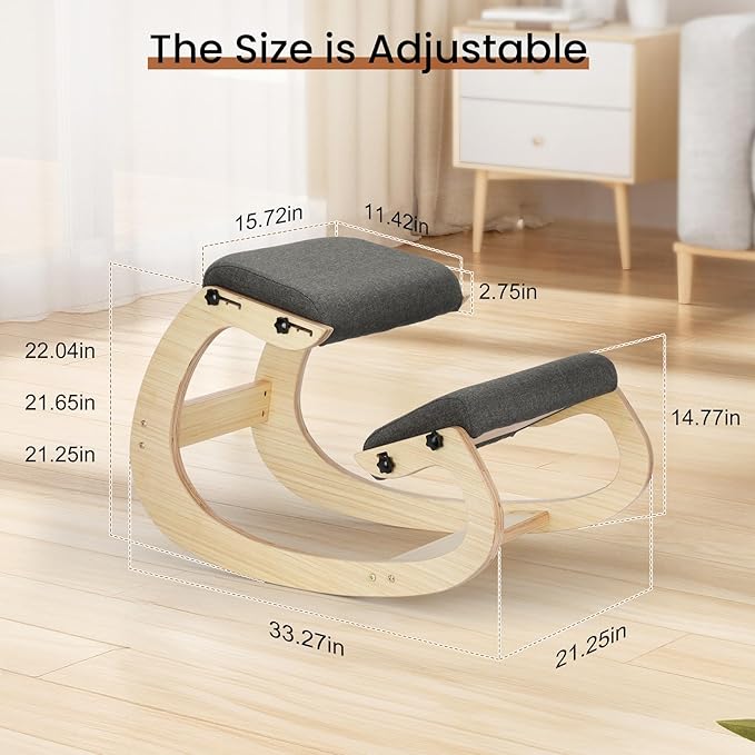 Ergonomic Kneeling Chair - Adjustable Seat, Smooth Rocking Base for Active Posture, Relieves Back & Spine Pressure for Office &Home Sturdy Kneeling Desk Chair Holds 300 lbs, Durable & Stable