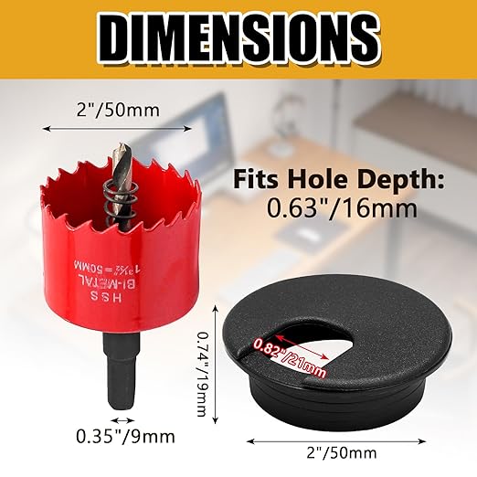 12 Pack 2 Inch Black Desk Grommet, Plastic Cable Hole Cover Computer Table Cord Wire Organizer, Desktop Cord Management for Home Office/TV Stands Tabletops (with Hole Saw)