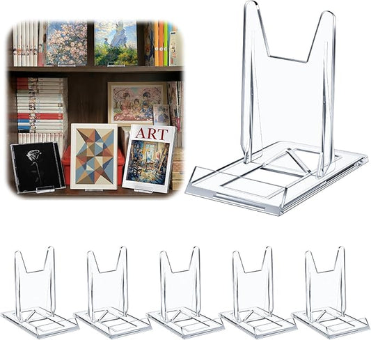 Hushee 5 Pack Acrylic Book Stand for Display Adjustable Clear Book Display Holder Easel Rack Stand for Home Office Back to School Library Bookshelf Comic Album CD Magazine Postcard Artworks