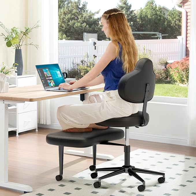 Pinmoco Cross Legged Office Chair with Wheels, Meditation Chair, ADHD Chair for Adults, Wider Height Adjustable Backrest and Seat, Yoga Office Chair, PU Leather, Black