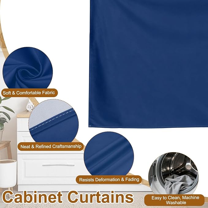 uxcell Cabinet Curtains, Dust Proof Privacy Drape Short Curtain, Hook & Loop Under The Desk Skirt for Kitchen Bathroom Closet Storage Room (35.4" W x 27.6" H, Dark Blue)