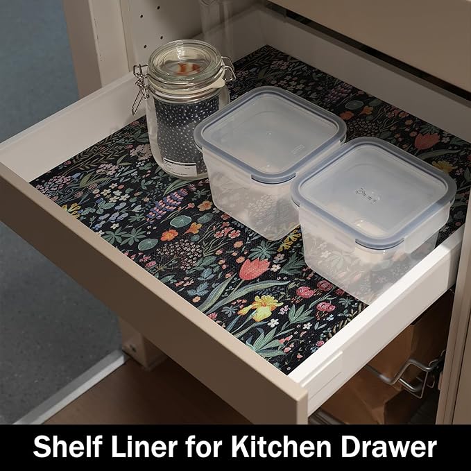 Shelf Drawer Liners, Non Adhesive and Strong Non-Slip Floral Colorful Cabinet Drawer Shelf Liners for Kitchen Wire Fridge, Waterproof Cabinet Liner,Easy to Clean,Black,12IN x 10FT