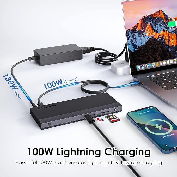 Laptop Docking Station, Docking Station 3 Monitors with 2* DP+HDMI, 4K@144Hz,130W PD Charger, 4* USB 3.0, Audio, Gigabit Ethernet, TF/SD for Lenovo,HP,Dell, Windows System Computer