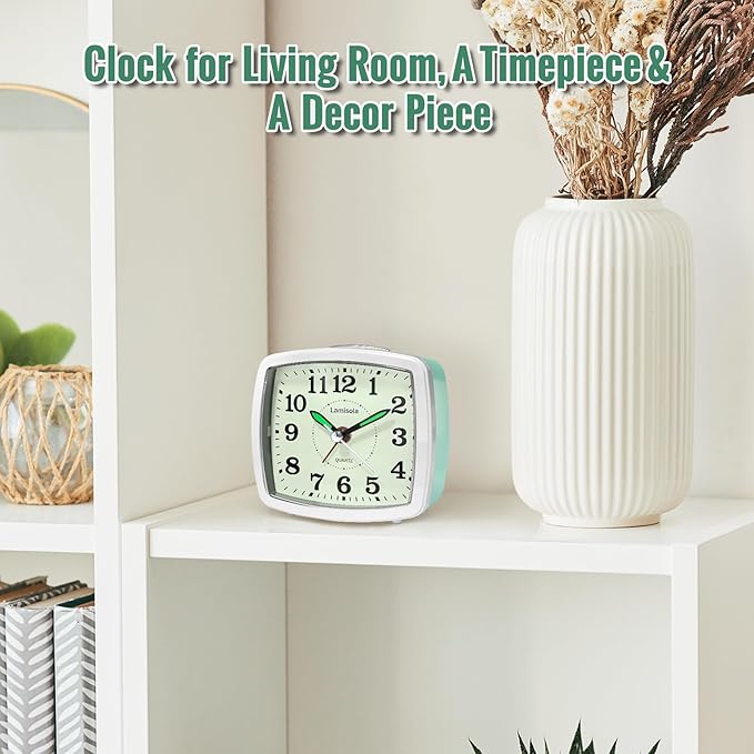 Lamisola Battery Analog Travel Alarm Clock, Small Clock for Bedroom, Desk Table Shelf Clocks for Room Office Bathroom Vanity, Aesthetic Retro Clocks for Kids Teen Seniors, Mint