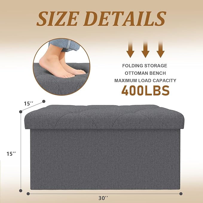 Folding Ottoman with Storage Bench,Storage Ottoman Bench,30 Inches Ottoman Foot Rest,End of Bed Bench,Support 660LBS Foot Rest Stool for Living Room,Bedroom,Home Office,Dark Gray（30Wx15Dx15H
