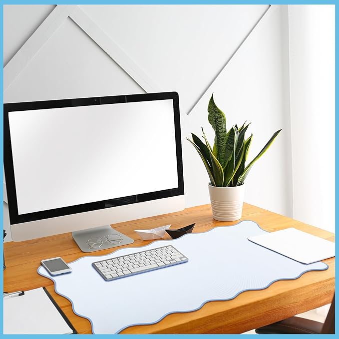 Hahafelt Scalloped Desk Mat Large Scalloped Piping Cute Desk Mat Aesthetic Preppy Table Pad Large Nonslip Pad with Edge Stitching Waterproof Gaming(Blue,31.5 x 15.8 Inches)