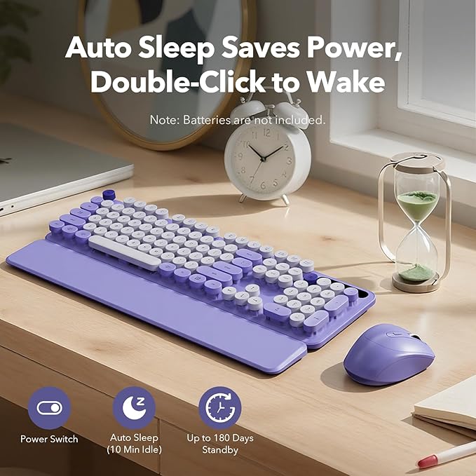 Wireless Keyboard and Mouse Combo with Detachable Magnetic Wrist Rest, Retro Typewriter-Style Keyboard, Round Keycaps, 3-Level DPI Ergonomic Mouse, 2.4GHz for Windows PC/Laptop (Lilac Purple)