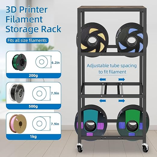 3D Printer Stand with Filament Storage Rack - 3D Printer Table Rolling Printer Cart on Wheels, Heavy Duty Metal Filament Spool Holder Organizer, 3D Printing Workstation for 48 Filament Spools Storage