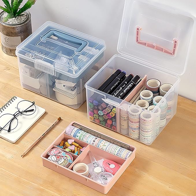 Clear Small Plastic Storage Box with Handle & A Removable Tray & Adjustable Divider, Kids Students Children Art Box, Desk Organiser Case, Medicine Storage Box (Clear & Ocean Blue)