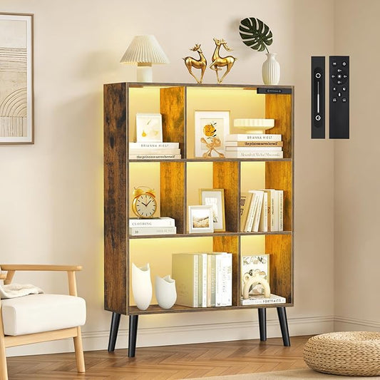 7-Cube Bookshelf with LED Lights, Touch & Remote Control, Freestanding Open Bookcase Storage Shelf, Dimmable Modern Wooden Display Organizer with Legs for Living Room, Bedroom (Rustic Brown)