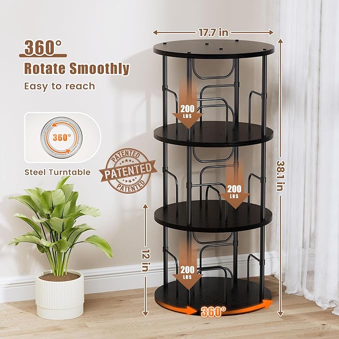 ALLSTAND Rotating Bookshelf, 3 Tier Round Revolving Bookcase with Special Visible Partition Storage, 360° Display Spinning Small Bookshelf Tower Book Shelf Organizer for Bedroom, Small Space, Black