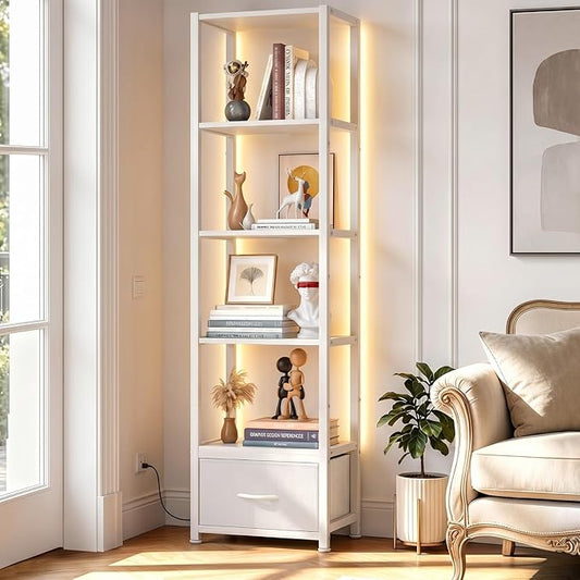 Housolution 6 Tier Bookshelf with LED Light, 60.6" Tall Narrow Corner Shelf Stand with Fabric Drawer, Bookcase Storage Organizer, Industrial Display Standing Shelf Unit for Living Room, White