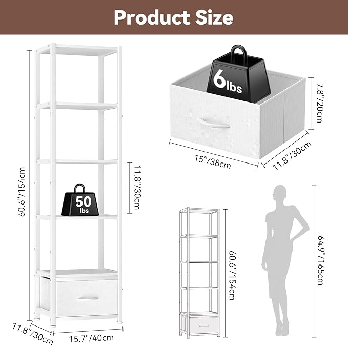 Housolution 6 Tier Bookshelf with LED Light, 60.6" Tall Narrow Corner Shelf Stand with Fabric Drawer, Bookcase Storage Organizer, Industrial Display Standing Shelf Unit for Living Room, White