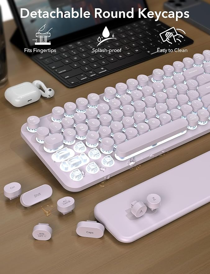 Wireless Keyboard and Mouse Backlit - Typewriter Keyboard with Magnetic Wrist Rest, Retro Round Keycaps, Light Up Letters, 2.4GHz Cordless Combo for Mac, Windows, PC, Laptop, Trueque（Dusty Lavender）