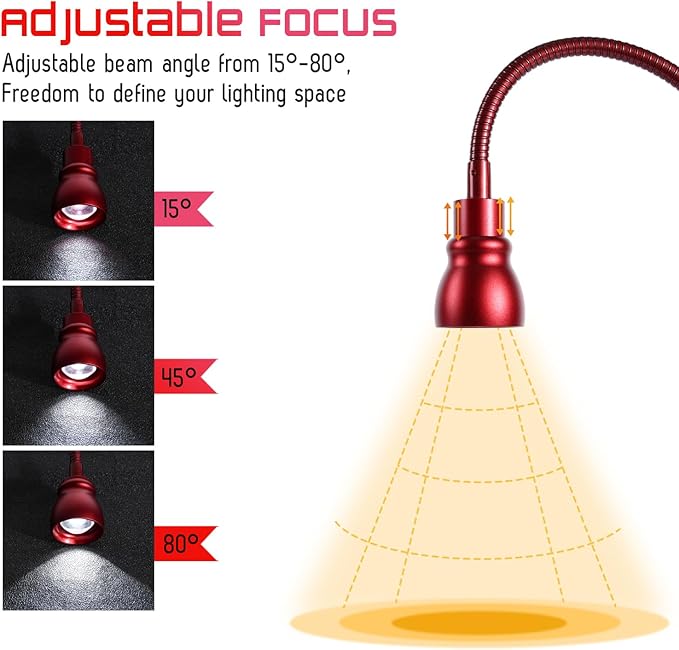 Zoomable Clip on Light, Clamp Reading Light for Dorm Bed Headboard, Dimmable Spotlight with 3 Color Temperature Options, 10 Dimmable Brightness Levels, Adjustable Beam Angle (Red)