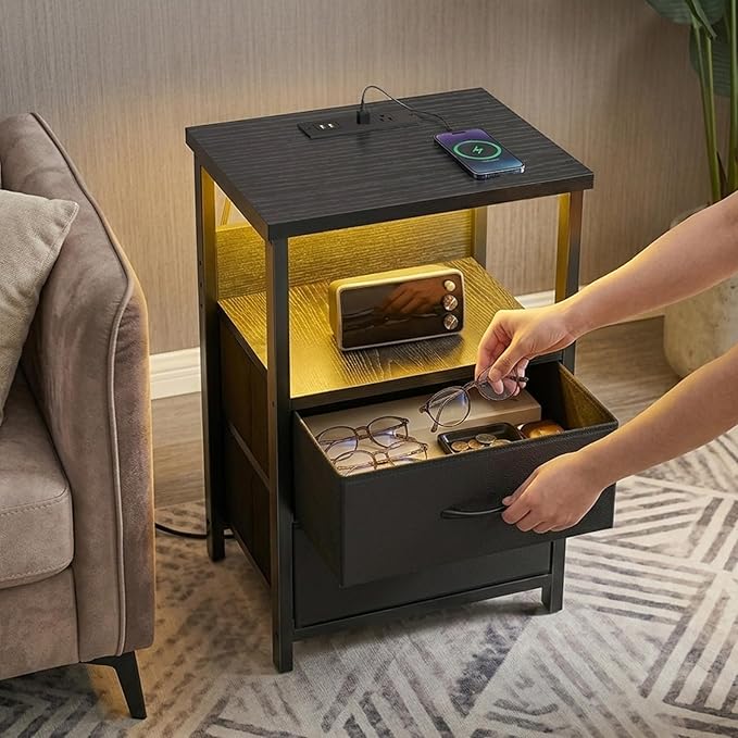Fixwal Night Stand with Charging Station, LED Nightstand with U-S-B Ports and Outlets for Small Spaces, 2 Fabric Storage Drawers, Bedside Table End Tables Bedroom, Modern Black