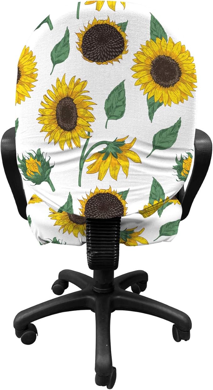 Ambesonne Sunflower Office Chair Slipcover, Agricultural Pattern Botanical Inspiration Hand-Drawn Flowers, Protective Stretch Decorative Fabric Cover, Standard Size, Green Brown