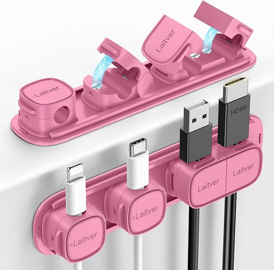 6 Pack Magnetic Cable Clips [1s Open/Lock], Laitver Cord Organizer Holder Strong Adhesive Desk Cable Management- Organize Charging Cords Neatly for Home, Office, Car,Desk, Nightstand-Rose Red