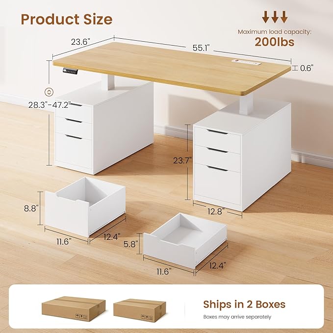 SEDETA Electric Standing Desk with 6 Drawers, 55" Adjustable Stand up Desk with Storage, Computer Desks with Power Outlets for Home Office, White + Oak