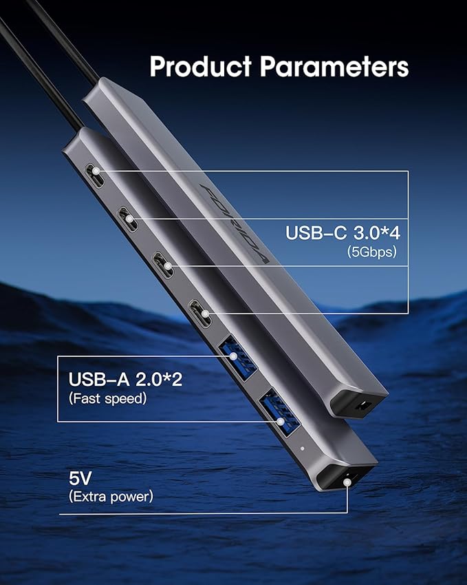 FORIDA Aluminum Alloy 7-Port USB Hub, Portable Multiport USB Splitter Adapter with 4 USB-C 3.0, 2 USB 2.0, 5V Charging Port, Fast USB Extender Compatible with Laptop, PC, Desktop Computer