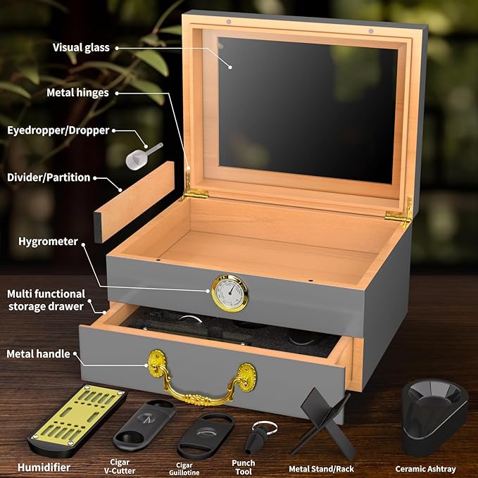 Cigar Humidor Box - Spanish Cedar Small Table Top Humidors for 20-50 Cigars with Accessories and Humidifier - Storage Drawer - Stylish Desktop Cigar Holder for Men - Portable Travel Case Light Gray