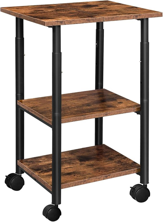 HOOBRO Printer Stand, 3-Tier Industrial Under Desk Printer Cart with Shelf, Mobile Heavy Duty Storage Rack on Wheels for Home, Office Rustic Brown and Black BF03PS01G1