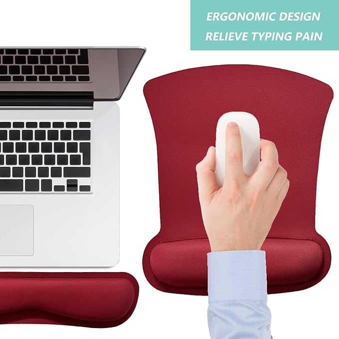 Keyboard Wrist Rest Pad Mouse Pad with Wrist Support Set of 3, Gaming Mousepad with Non-Slip Rubber Base, Ergonomic Memory Foam Mouse Cushion Support for Home Office Laptop Computer, Red